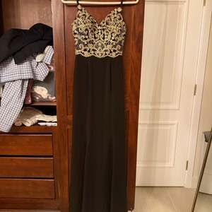 JVN by Jovani Gold Embroidered Lace Applique Prom Gown